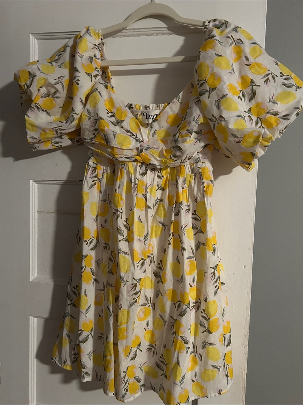 RIXO White and Yellow Lemon-Print Puff Sleeve Mini Dress